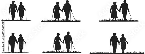 Elderly Couple Holding Hands Walking with Canes Silhouettes on White Background illustration vector