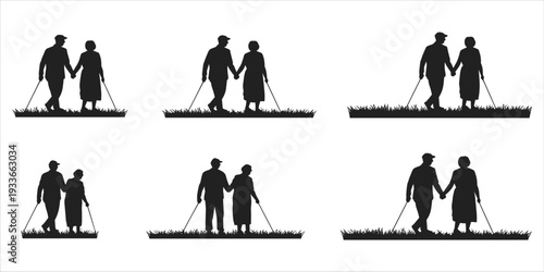 Elderly Couple Holding Hands Walking with Canes Silhouettes on White Background illustration vector