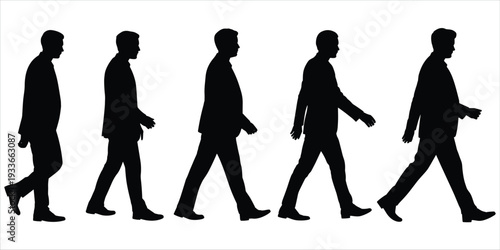 Five Silhouettes of Men in Suits Walking in a Line on White Background male stride