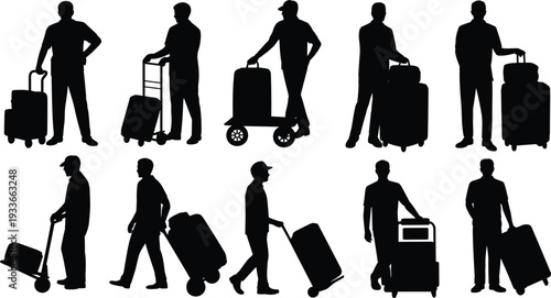 Men Silhouettes with Luggage and Suitcases on White Background illustration vector