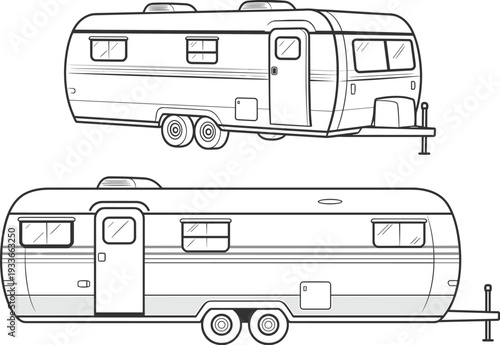 Vintage travel trailer caravan outline illustration, detailed vector camper isolated on white, ideal for road trip, camping, tourism and recreational vehicle design projects