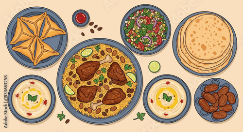 Assorted traditional flatbread and dishes served on multiple plates from an overhead viewpoint