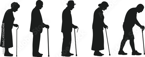 Silhouettes of Elderly People with Canes on White Background illustration vector