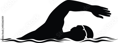 Silhouette of professional swimmer performing freestyle stroke in open water, dynamic motion graphic illustration for sports and fitness concept design