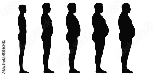 Silhouettes of men showing progression of weight gain from thin to obese on white background male