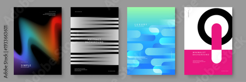 Collection of four premium abstract backgrounds featuring fluid gradients monochrome stripes blue capsules and minimalist geometric art