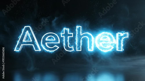 Neon Light Text Aether with Smoke Effects in Dark Background.