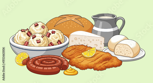 Assorted traditional breakfast foods arranged on a table with various breads and pastries