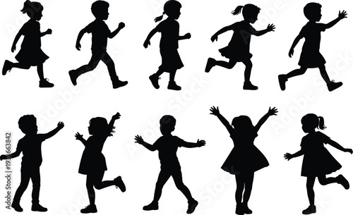 Children running and playing silhouettes collection, happy kids active poses isolated on white background for childhood lifestyle illustration design