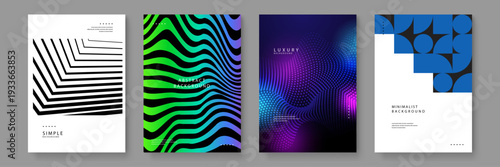 Collection of four stylish posters featuring minimalist lines colorful wavy gradients glowing dots and blue geometric shapes for contemporary design projects