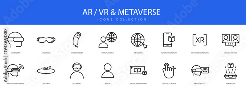 Professional outline icons featuring augmented reality virtual reality and futuristic metaverse technology