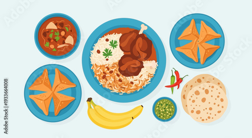 Assorted traditional Indian dishes arranged on multiple plates with diverse culinary delights visible in a flat illustration from directly above