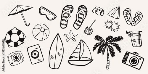 A collection of hand drawn summer icons and beach vacation elements