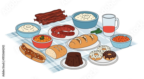 A vibrant picnic scene with food, drinks, and desserts arranged on a blanket from an overhead viewpoint.