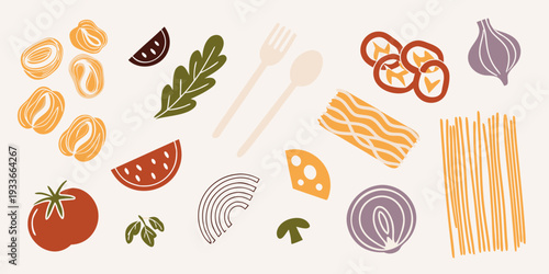 A colorful arrangement of various food items and kitchen utensils