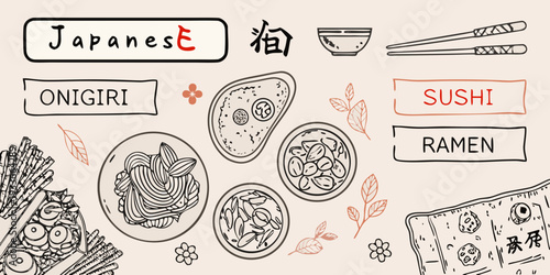 Japanese cuisine doodle illustration featuring sushi ramen and onigiri