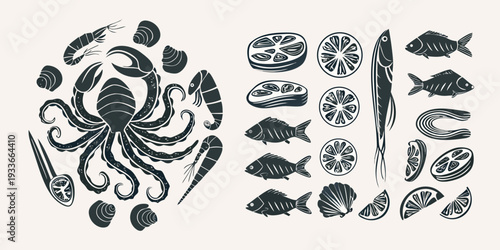 Stylized illustration of various seafood and citrus fruit slices