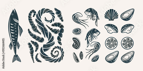 Stylized illustration featuring various seafood elements in a dark blue hue