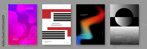 A collection of four professional background designs featuring fluid shapes geometric patterns and minimalist luxury styles for corporate or creative use