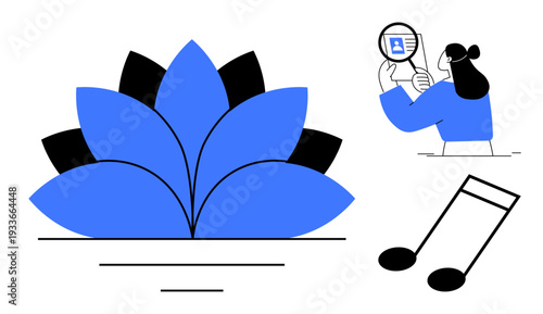 Identity verification. Identity are ed with ID checking, blue lotus reflecting mindfulness, and a musical note creativity. For apps, branding, meditation themes, education