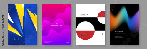 Set of four unique abstract posters featuring sharp blue angles pink waves geometric circles and fluid colorful gradients for versatile branding