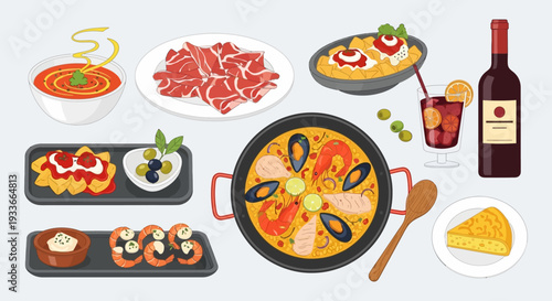 Assorted dishes and paella in a pan with wine and cheese on a table top view