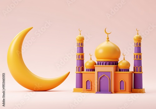 Islamic mosque with purple and gold architecture and a large yellow crescent moon on a pink background for Ramadan or Eid celebrations