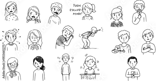 Hand-drawn illustration set of diverse cartoon characters expressing sadness, crying, emotional distress, illness, and various negative feelings like pain and dejection.