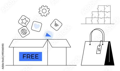 Online shopping concept. Online shopping with a free box, icons digital services, and shopping bag for discounts. Online shopping simplifies e-commerce experiences. For websites, apps, digital