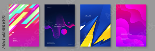 Set of four energetic posters featuring diagonal motion lines sound waves sharp triangles and fluid purple gradients for creative media