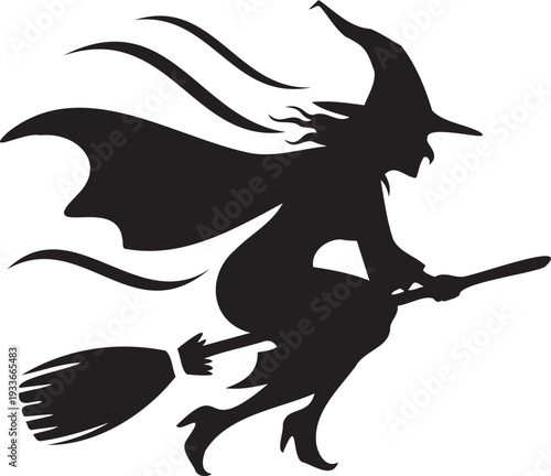 Black silhouette of witch flying on broomstick against transparent background