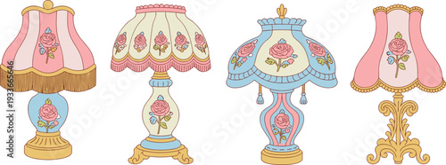 Vintage floral table lamps vector illustration featuring decorative roses pastel lampshades ornate bases and romantic interior lighting