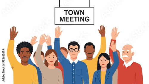 A diverse group of people attending a town meeting with hands raised