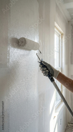 A person is painting a wall with a roller