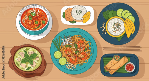 Assorted Asian dishes beautifully arranged on a wooden tabletop from a top-down viewpoint for culinary inspiration