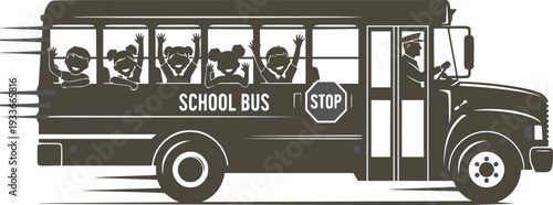 Silhouette of school bus full with happy children. Transparent background EPS version.