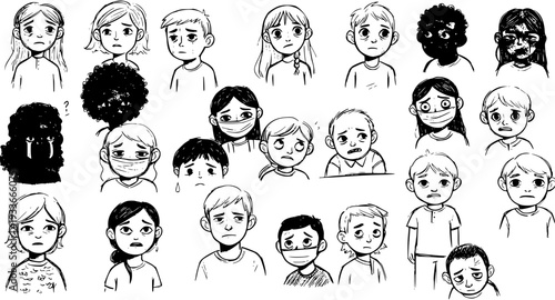 Sad and Worried Children: Hand-Drawn Expressions of Fear, Grief, and Concern During Challenging Times, Featuring Masks and Hidden Faces