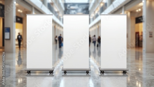 White blank empty high resolution Business Roll Up and Standee Banner display mock up Template for your Design Presentation. 3d render illustration