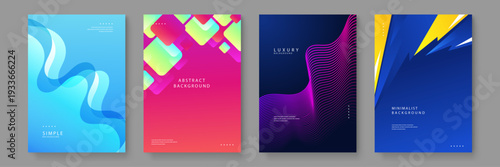 A premium bundle of four diverse abstract background designs including fluid waves, geometric squares, neon lines, and sharp shapes