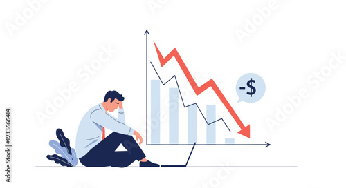 Stressed office worker sitting on the floor next to a laptop while looking at a declining bar chart showing financial loss and crisis.