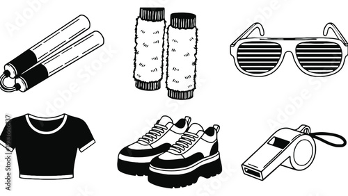 A black and white illustration of sports equipment and clothing items