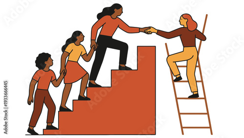 A diverse group of people helping each other climb a staircase