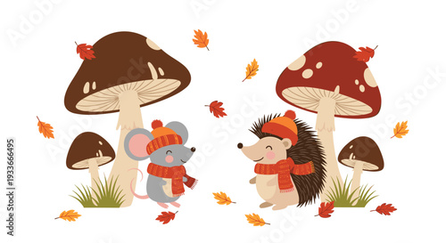 Adorable mouse and hedgehog characters wearing warm winter hats and scarves standing under large mushrooms amidst falling autumn leaves.