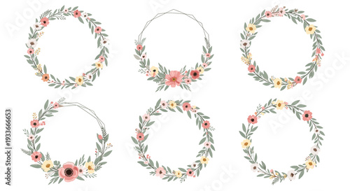 Set of six various floral wreaths in different shapes and colors featuring elegant flowers and green leaves on a clean white background.