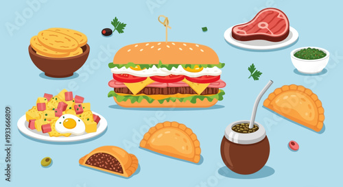 Assorted global fast food items including burgers and tacos on a light blue background, viewed from directly above.