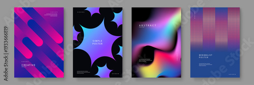 Collection of four premium abstract posters featuring vibrant purple gradients and fluid organic shapes for contemporary brand identity