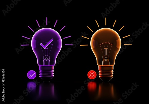 Light bulbs with checkmark and cross symbols on black background for concepts of good and bad ideas or correct and incorrect choices