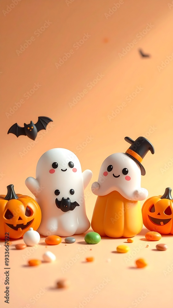 Obraz premium Two ghosts with pumpkins and candy on orange background