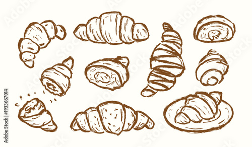 Croissant hand drawn illustration set. Croissants vector doodle elements with various angle. Scribble of pastry menu collection. French bakery doodle background.