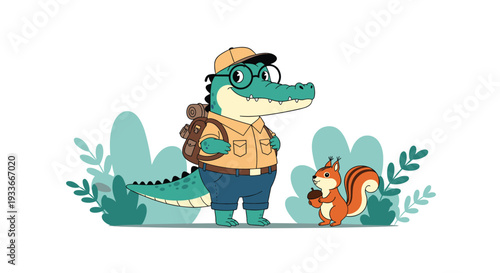 Cute crocodile dressed as a scout with a backpack standing next to a small squirrel holding an acorn in a peaceful forest setting.